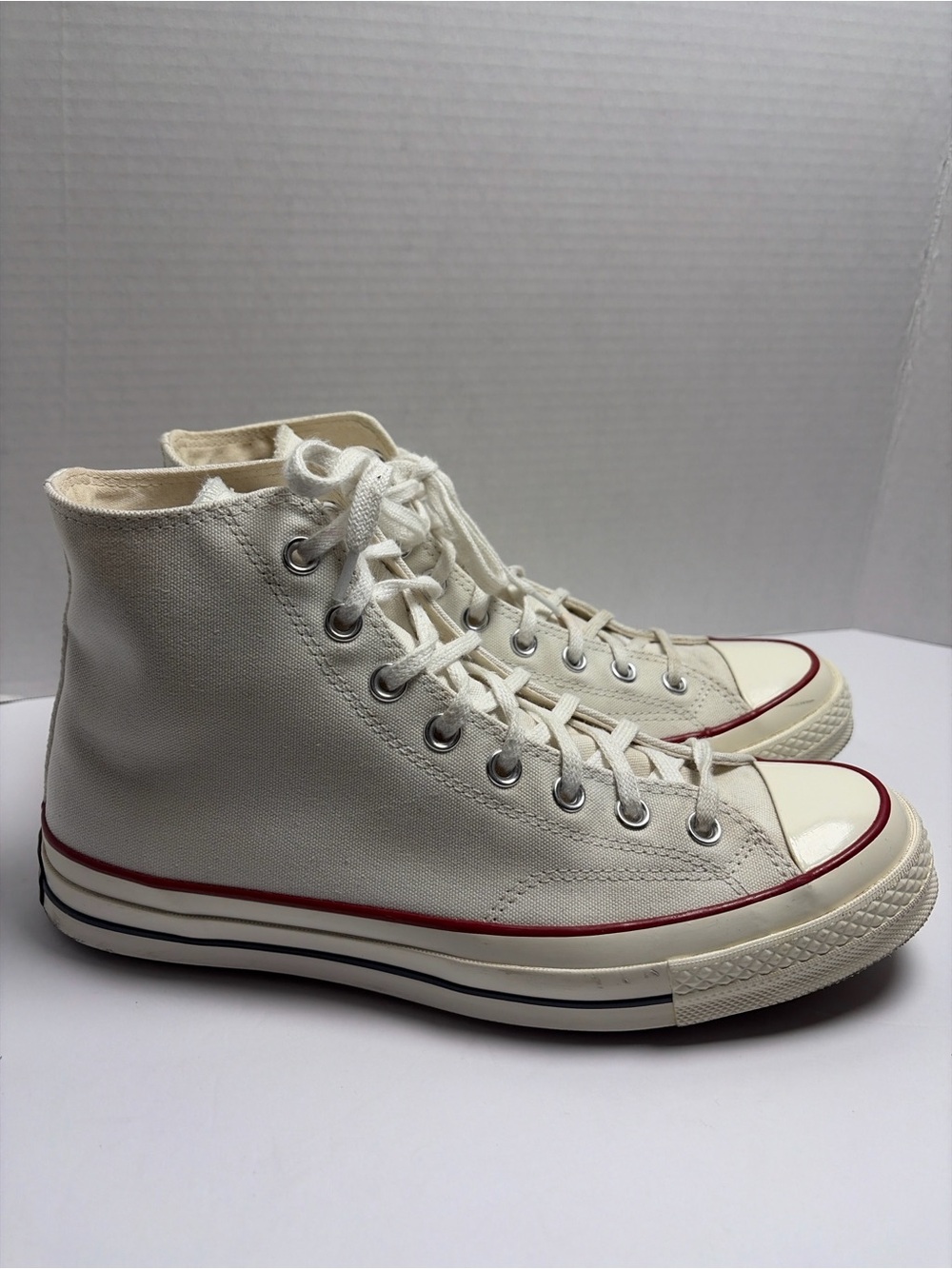 Converse High-Top Canvas Sneakers in Off-White with Red Trim M 9.5 W 11.5